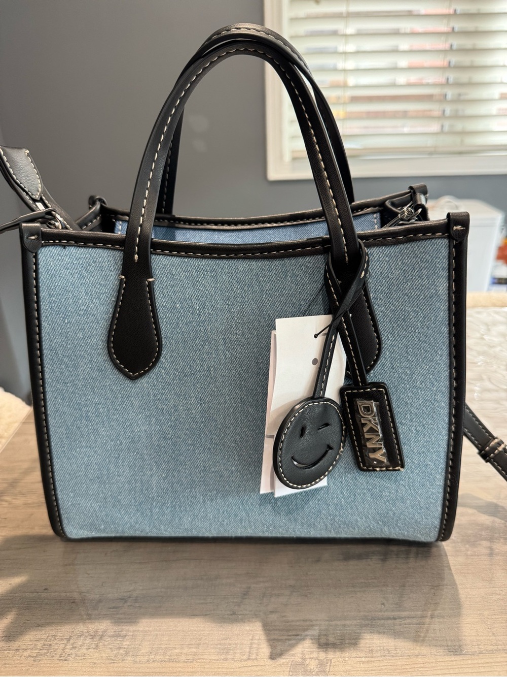 DKNY Light Blue Denim Satchel with Black Trim and Tag